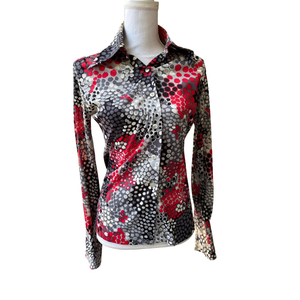 Vintage 70s Abstract‎ Dot Disco Blouse Red Black Gray Point Collar S/M